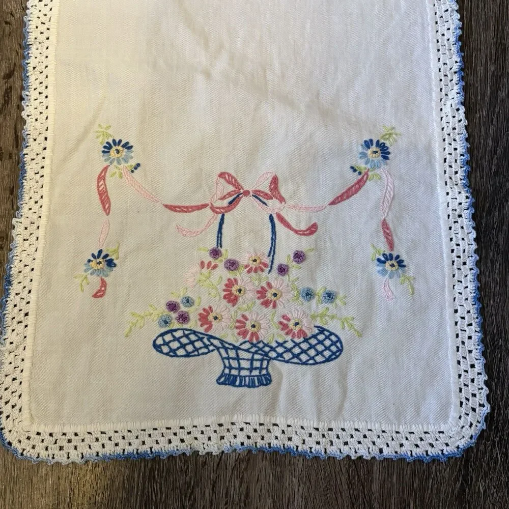 Embroidered Dresser Scarf Table Runner Vtg Basket Flowers Ribbon 30x13 White